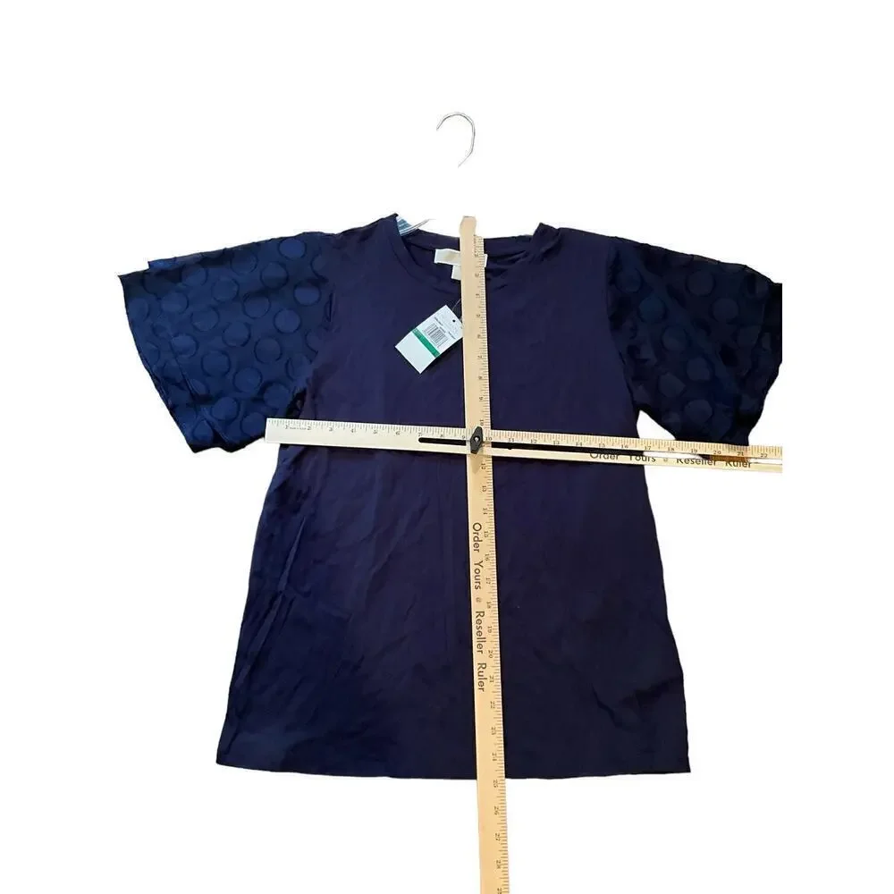 Michael Kors Blouse Top‎ Women SZ L Blue Polka Dot Ruffle Short Sleeve Crew Neck